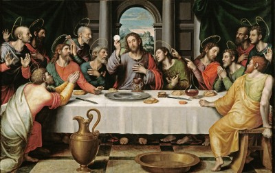 Jésus brandissant un préservatif enroulé devant ses apôtres