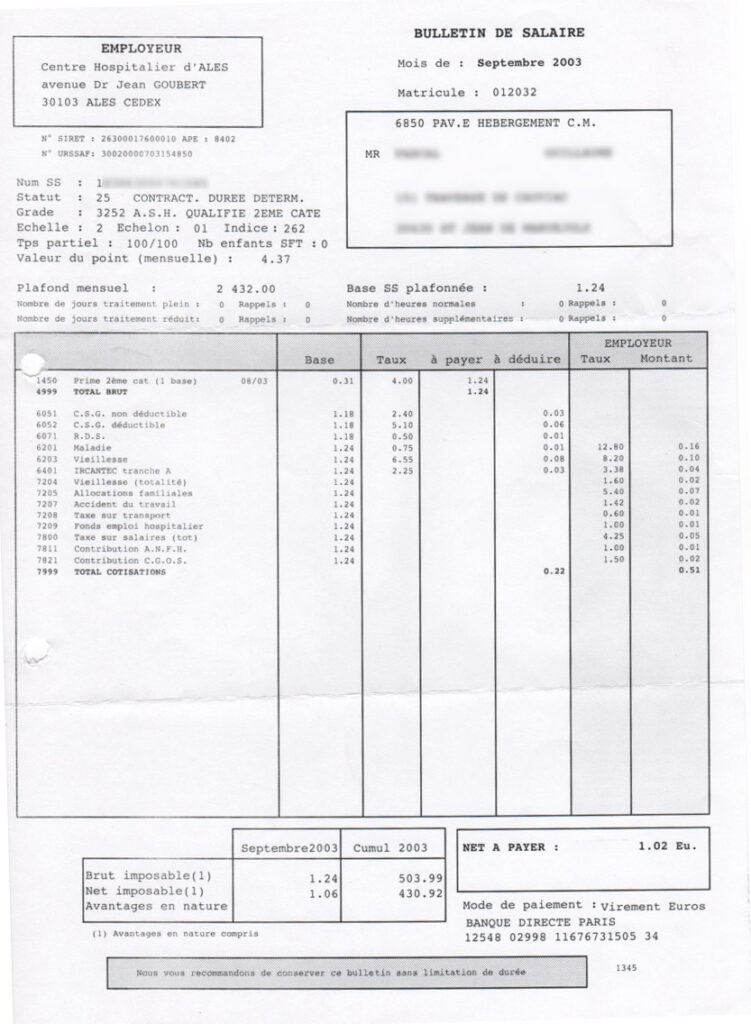 Bulletin de paye de 1€02